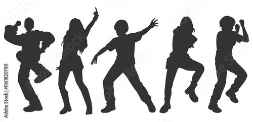 Set silhouette illustrations kpop music star idol singing and dancing on stage. Modern group dancers with various styles, poses and choreography. Korean pop cultures. Bundle flat vector rapper.