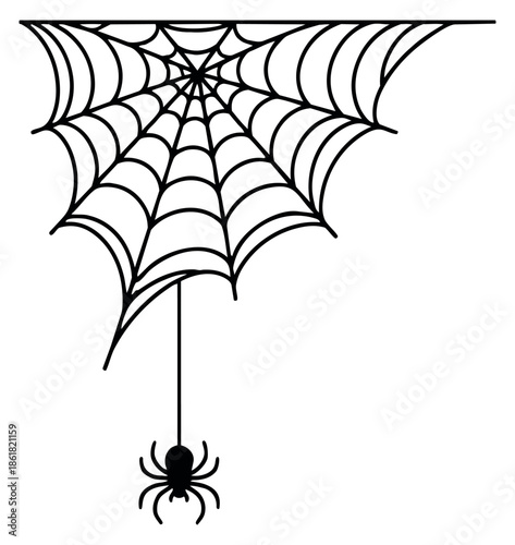 Hand drawn line art illustration of a spider web and a spider depicting a creepy corner decoration for halloween