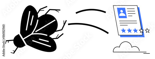 Fly morphs into a digital profile document with user rating stars. Ideal for change, technology, evolution, digital identity, innovation, creativity, humor, simple flat metaphor