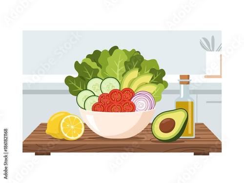 Fresh salad with strawberries, avocado, and lemon on a wooden table in a kitchen