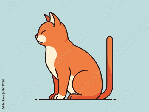 An orange cat sitting on a light blue background viewed from the side