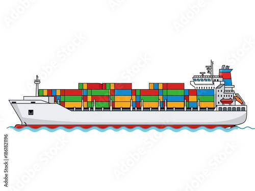 A large cargo ship carrying colorful containers sails across the ocean from a side viewpoint