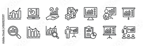 Set of Business Analytics and Data Analysis Icons in Line Style Isolated on White Background Exactly Two Hundred Characters Long For Microstock Agencies