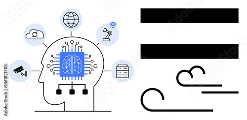 Human brain with AI chip connected to icons including cloud, robots, and servers. Adjacent equality bars and flowing lines. Ideal for AI, machine learning, technology, automation, innovation