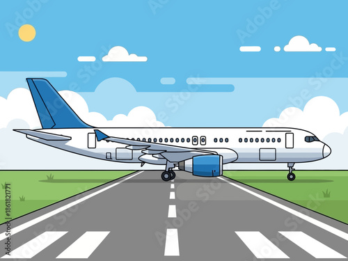 A commercial airplane is taking off from a runway on a sunny day with clouds in the background.