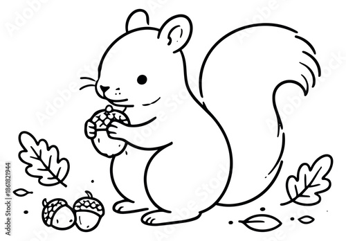 Hand drawn line art illustration of a squirrel depicting autumn foraging for nature projects