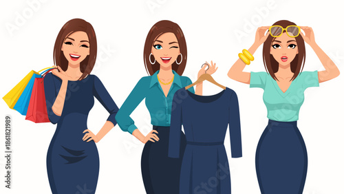 Chic vector illustration of three fashionably dressed women shopping for clothes and accessories in a retail store