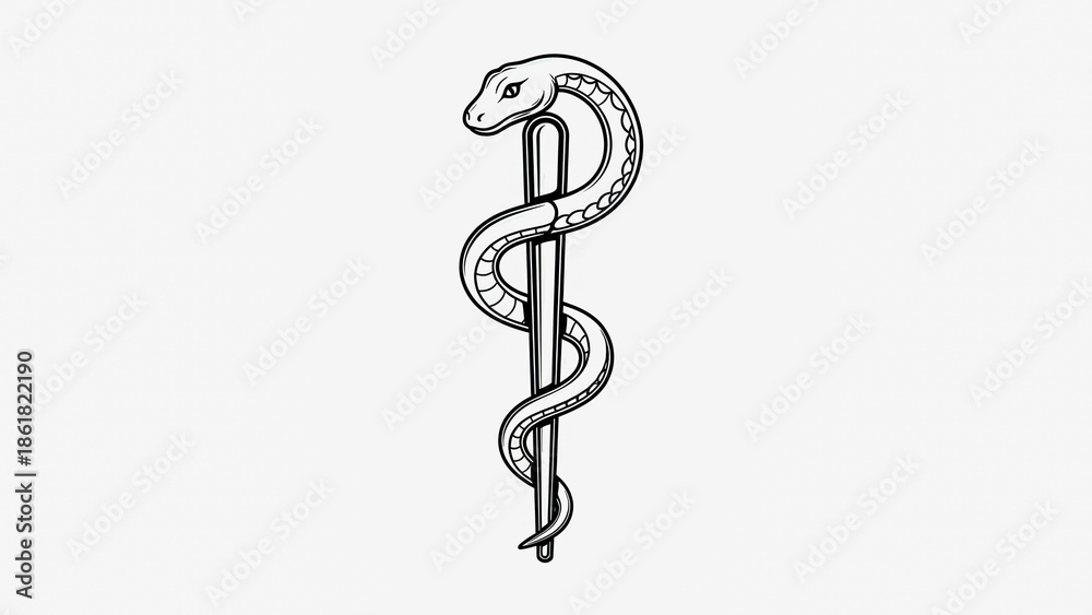 Obraz premium Stylized Hand-Drawn Medical Symbol of Snake Wrapped Around a Staff for Healthcare and Science Concepts Illustration