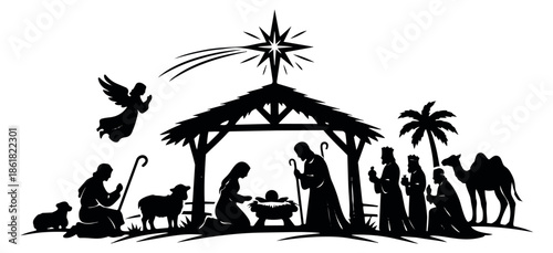 Silhouette graphic nativity scene set featuring baby jesus, mary, joseph, wise men, angel, and shepherd for christmas celebration