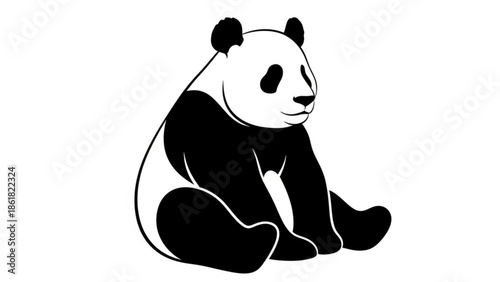 Cute panda bear sitting in black and white illustration