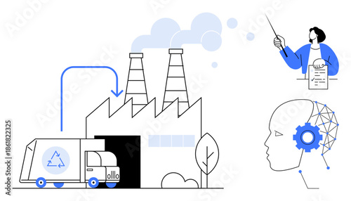 Recycling truck unloading at factory with AI-powered head symbolizing innovation, person reviewing contract. Ideal for sustainability, technology, AI, teamwork, manufacturing, recycling