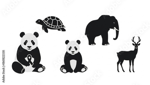 Endangered animals in black and white for conservation awareness