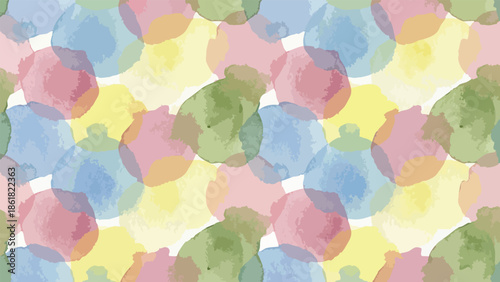 Overlapping watercolor circles in vibrant translucent layers of green, blue, red, and yellow, flat vector illustration