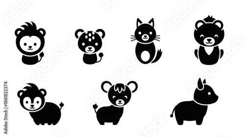Cute animal icons featuring lion, bear, cat, and bull silhouettes