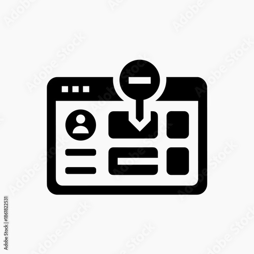 Black and white icon of a web browser interface showing a user profile and content blocks, with a minus sign in a circle pointing down, indicating content removal or blocking.