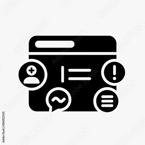 Black silhouette icon representing a web application with various interactive elements and notifications.