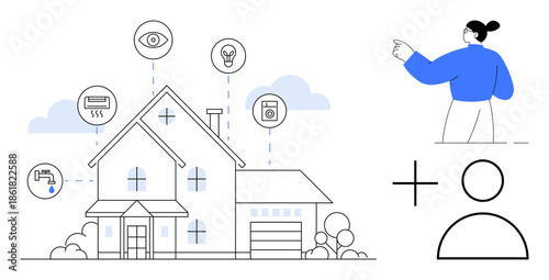Smart technology, home automation, user interaction, connected devices, modern living, energy efficiency. Smart home with devices thumbs up camera, thermostat washing machine and user icon. Smart
