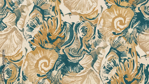 Abstract mushroom-inspired pattern with earthy tones and swirling organic shapes, stylized fungi texture design, flat vector illustration