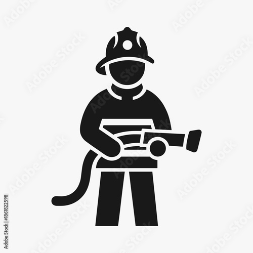 A black silhouette icon of a firefighter wearing a helmet and holding a fire hose, standing upright.