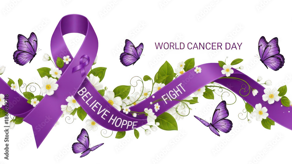 Fototapeta premium Purple ribbon with believe hope fight text for world cancer day isolated on transparent background