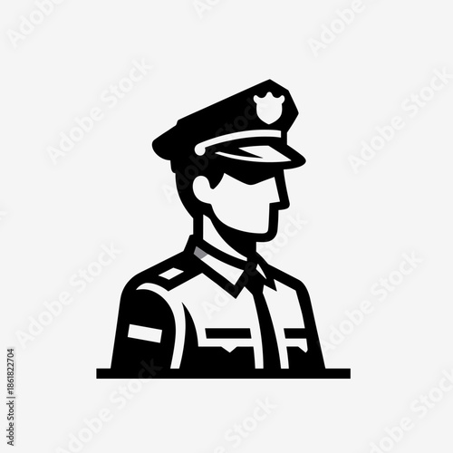 Black and white graphic illustration of a police officer in uniform and peaked cap, depicted from the chest up in profile.