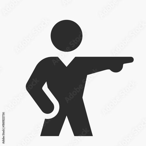 Black silhouette of a person standing with one hand on hip and pointing right, representing direction or leadership.
