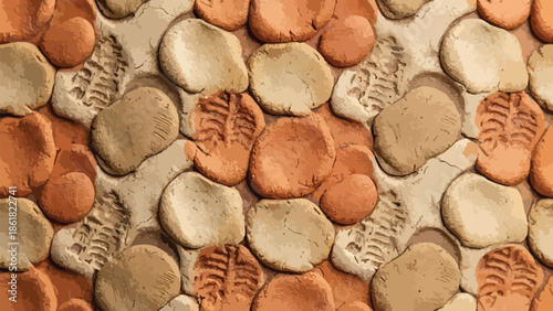 Handmade clay discs with leaf imprints, earthy tones and natural textures, artistic pattern background, flat vector illustration