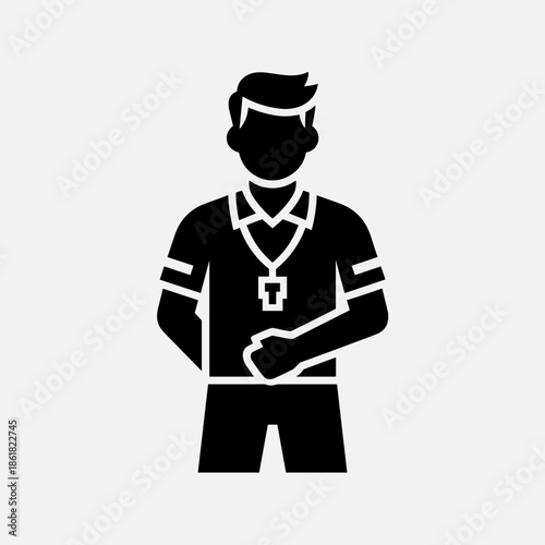 A black silhouette icon of a sports coach or referee wearing a whistle around their neck, standing with hands behind their back.