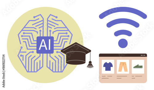 Neural network with AI label, graduation cap, wireless icon, and online store interface. Ideal for technology, education, e-commerce, connectivity AI learning digital innovation concepts. Simple