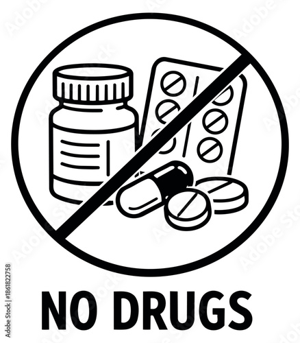 Line art illustration of a 'no drugs' sign depicting the prohibition of illegal substances for public awareness and health safety