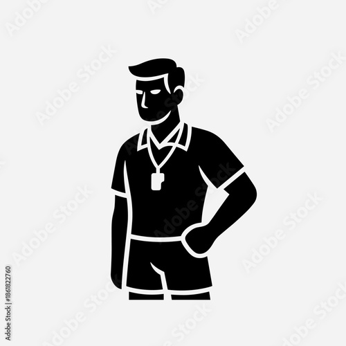 Black silhouette icon of a male coach or referee wearing a whistle and standing with one hand on his hip.