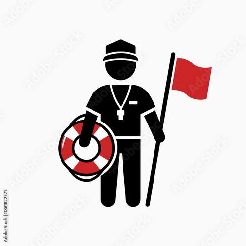 A black silhouette icon of a lifeguard holding a lifebuoy and a red flag, symbolizing safety and supervision.