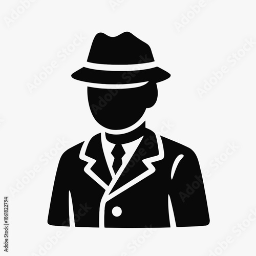 Black silhouette icon of a man wearing a fedora hat, suit jacket, and tie, representing a formal or mysterious figure.