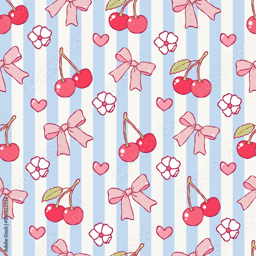 Coquette Cherries Seamless Pattern, Trendy Cherries Bows Love Digital Paper, Spring Cherry Valentine Repeat Pattern Design Vector