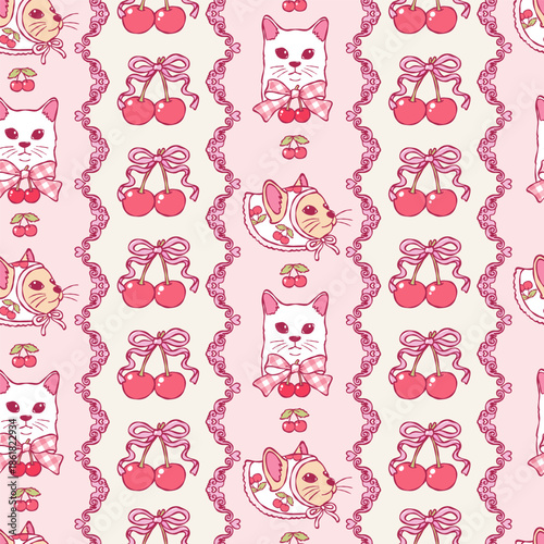 Coquette Cherries Seamless Pattern, Cherry and Cat Digital Paper, Vintage Cherry Girly Valentine Repeat Pattern Design Vector