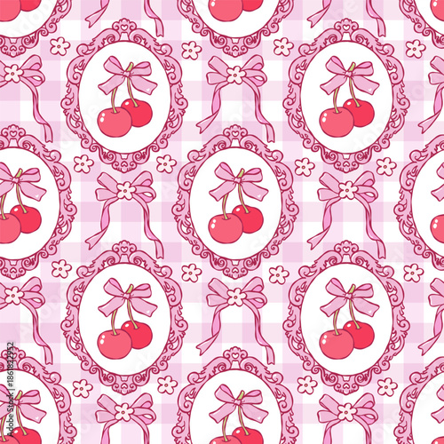 Coquette Cherries Seamless Pattern, Trendy Cherries Bows Love Digital Paper, Vintage Girly Cherry Frame Repeat Pattern Design Vector