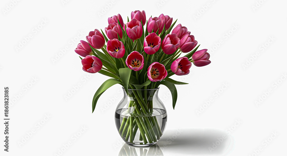 Obraz premium A beautiful bouquet of vibrant pink tulips elegantly arranged in a clear glass vase on a white background
