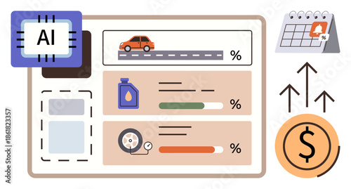 AI-driven interface displaying car performance, fuel and tire stats, calendar reminders, and cost analysis. Ideal for technology, transportation, efficiency, planning, automation vehicle tracking
