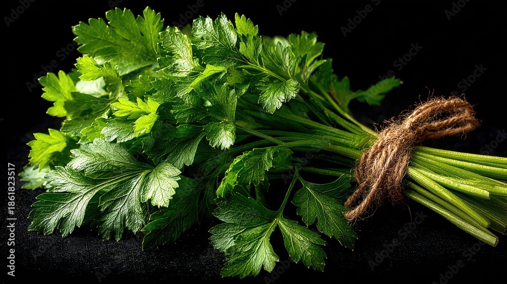Fototapeta premium Fresh green parsley bundle tied with rustic rope