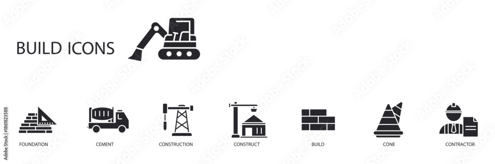 Fototapeta premium build set icons outline and Flat Style,transparent background.
