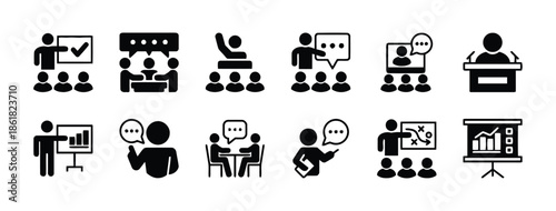 Set of business meeting training teamwork seminar presentation conference lecture communication and collaboration icons