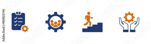 Set of Business Support Icons Solid Style Clipboard Gear People Stairs Hands Maintenance Assistance Service Solution Management Process Progress Development Checklist