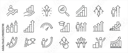 Set of Business Success Arrows Growing Graph Chart Vector Line Icons as Achievement Career Development Opportunity Progress Statistics Target and Performance