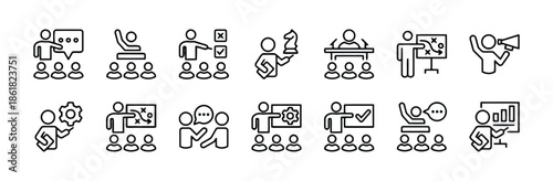 Set of Business Training Icons in Line Style such as Presentation, Seminar, Speaker, Coach, Strategy Isolated on White Background Vector Illustration
