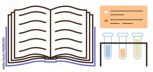 Open book with bold lines, test tubes with colorful liquids, and data chart in minimal flat design. Ideal for education, science, research, experimentation, knowledge learning discovery. Simple