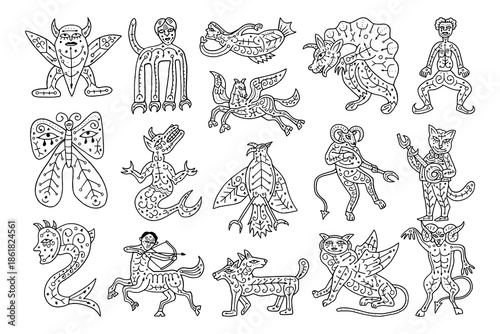 Imaginary mythical creatures and grotesque hybrids in medieval line art style	