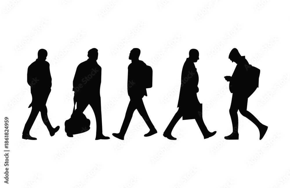 Obraz premium walking man silhouette with bang in rush hour or office hour different types of walking position 