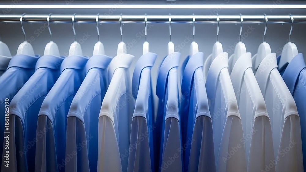 Fototapeta premium blue and white shirts on modern hangers perfect order—where fashion meets function in a well-curated closet