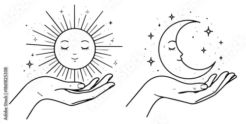 Hand drawn line art celestial symbols set featuring hands holding the sun and moon with closed eyes and stars for mystical and decorative projects