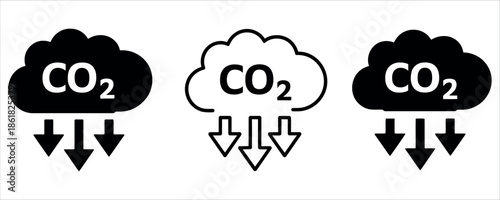 Carbon dioxide emission icon set illustrating environmental impact and climate change.